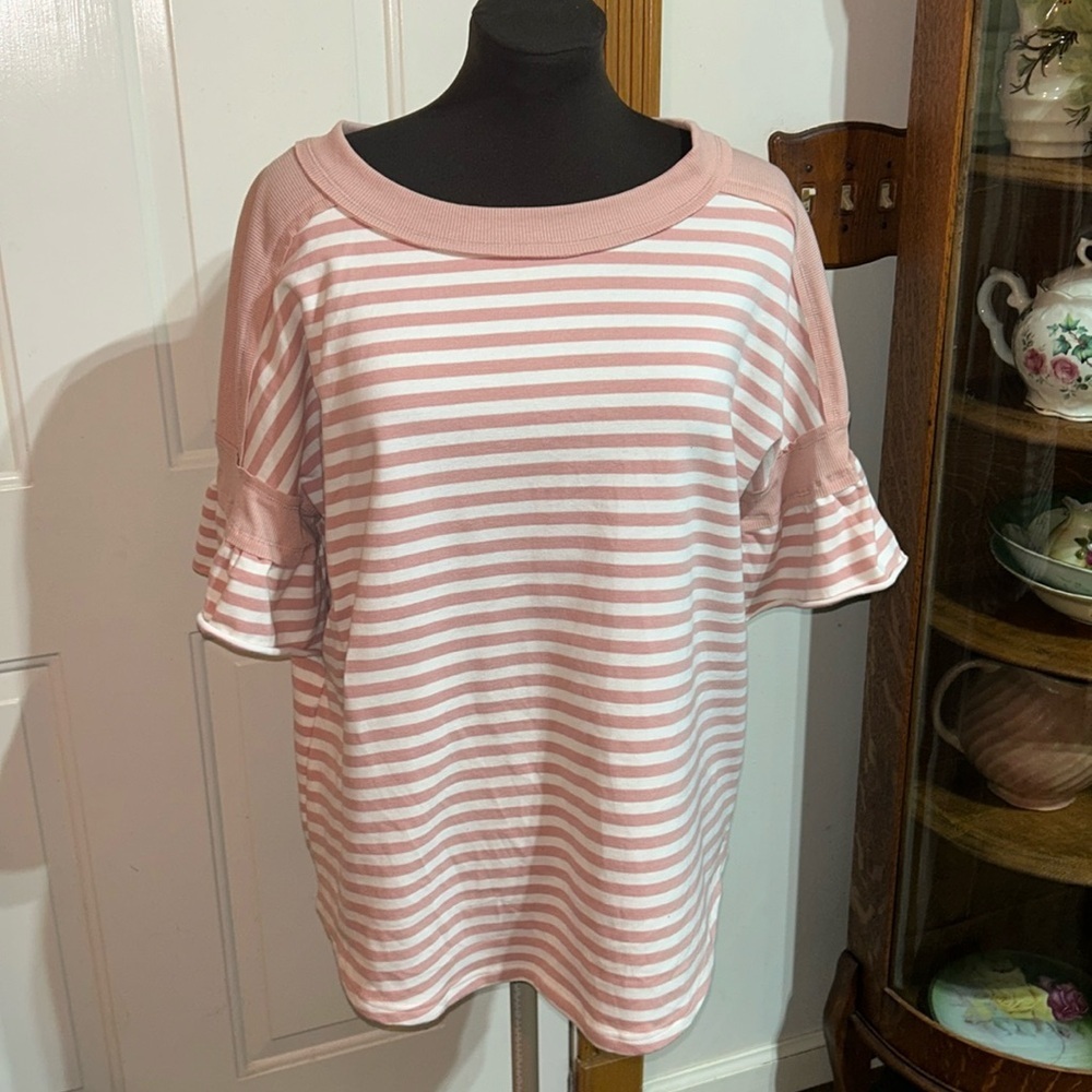 easel Pink and White Striped Ruffle Sleeve Top
